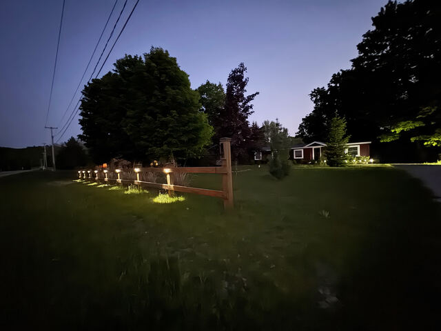 Twilight yard view with string lights